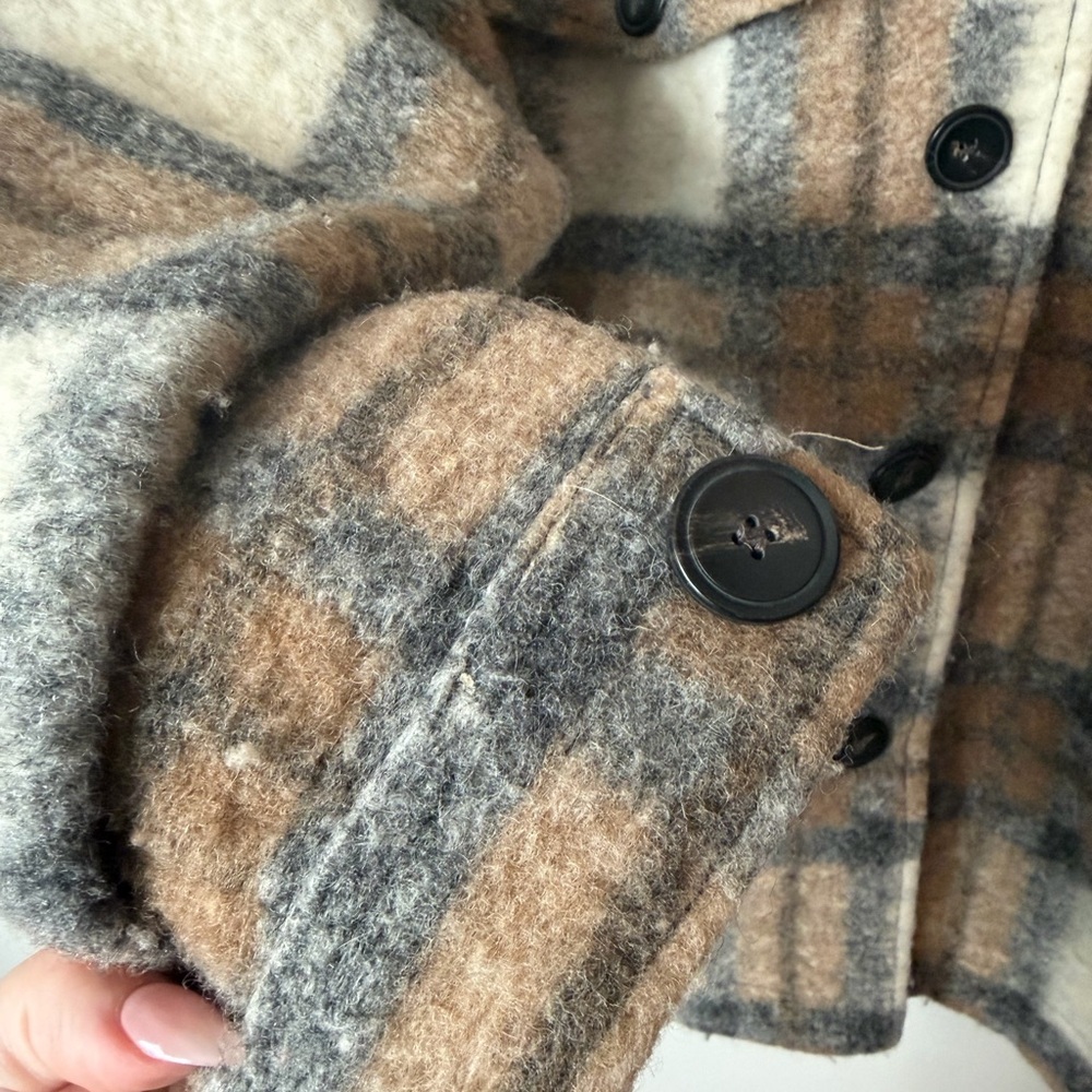 ZARA Plaid Wool Blend Shacket Jacket XXL Oversized Beige Brown Coat - Picture 5 of 6